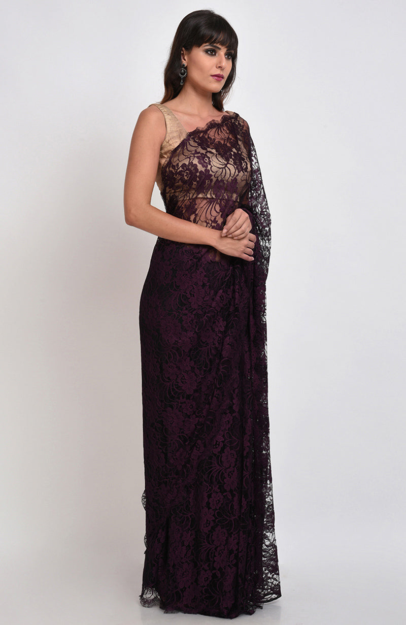 Plum saree with intricate French Chantilly lace and matching satin blouse fabric.