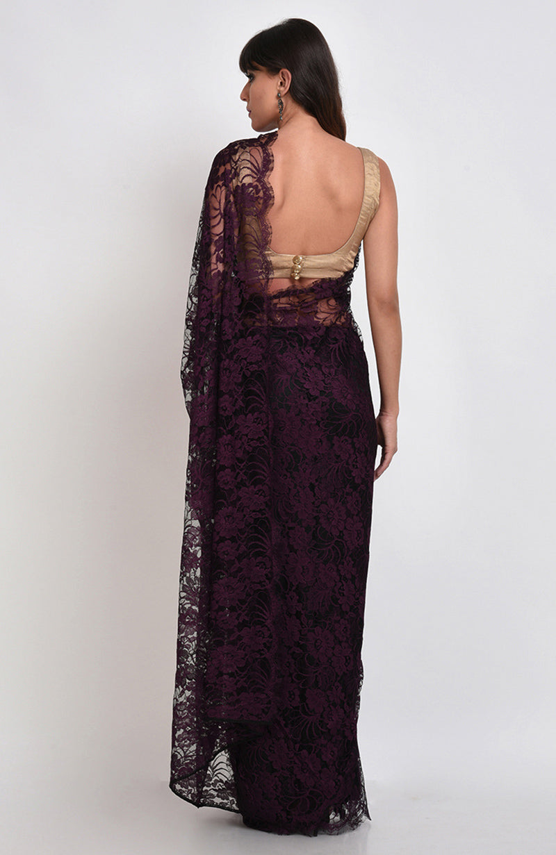 Plum saree with intricate French Chantilly lace and matching satin blouse fabric visible