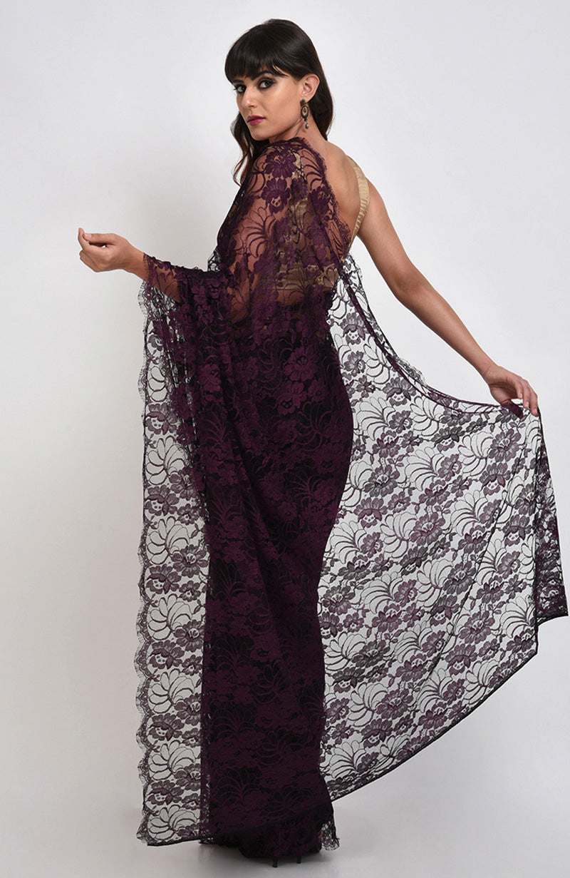 Plum saree made of French Chantilly lace with matching satin blouse fabric in plum or gold.