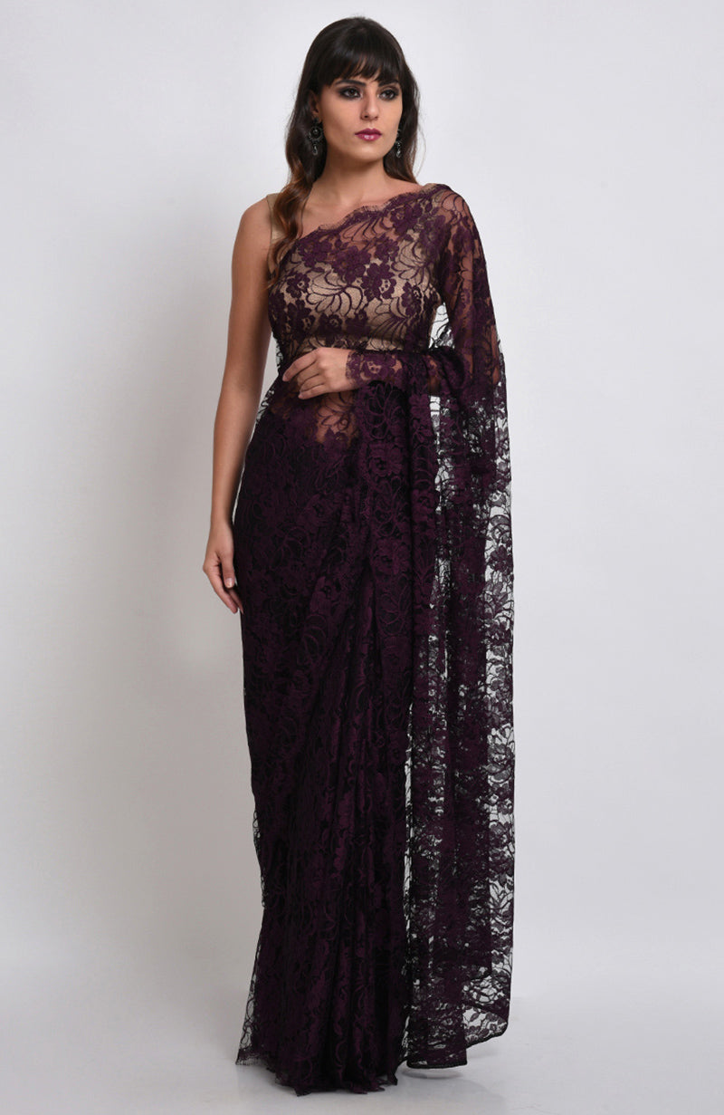 Plum saree with intricate French Chantilly lace and matching satin blouse fabric.