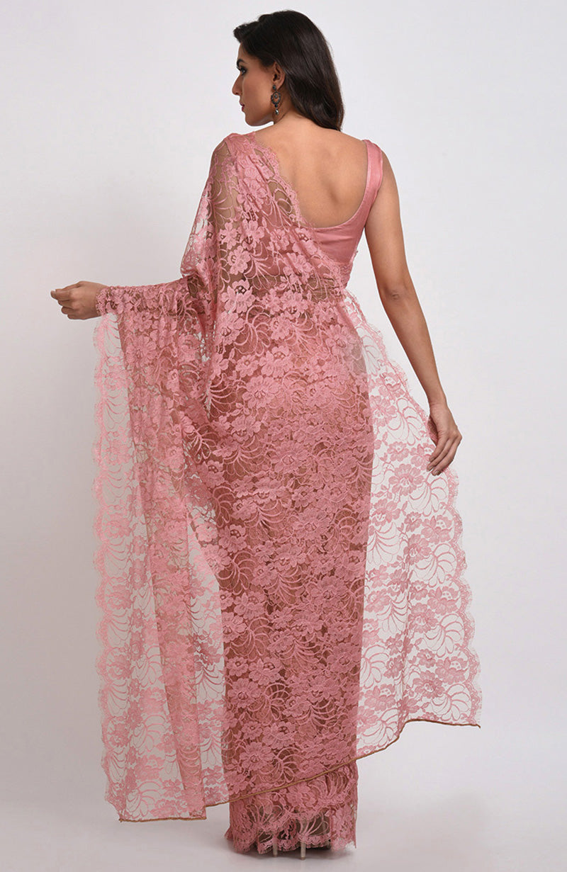 Peach rose saree with delicate French Chantilly lace and matching satin blouse fabric.