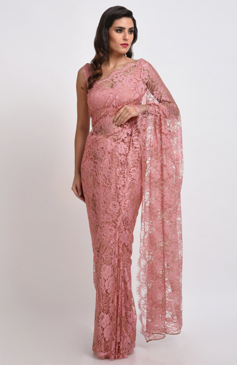 Peach rose saree with delicate French Chantilly lace and matching satin blouse fabric.