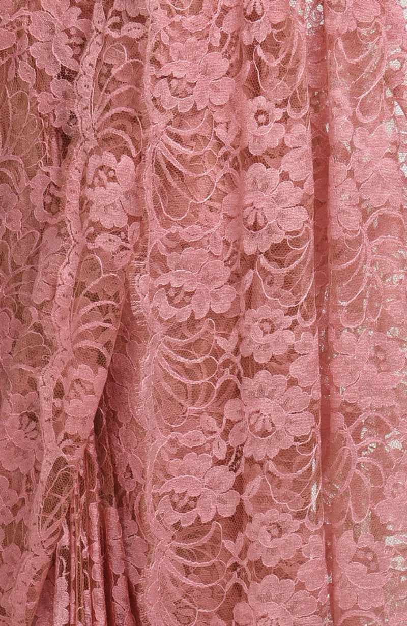 Peach rose saree made of French Chantilly lace with matching satin blouse fabric.