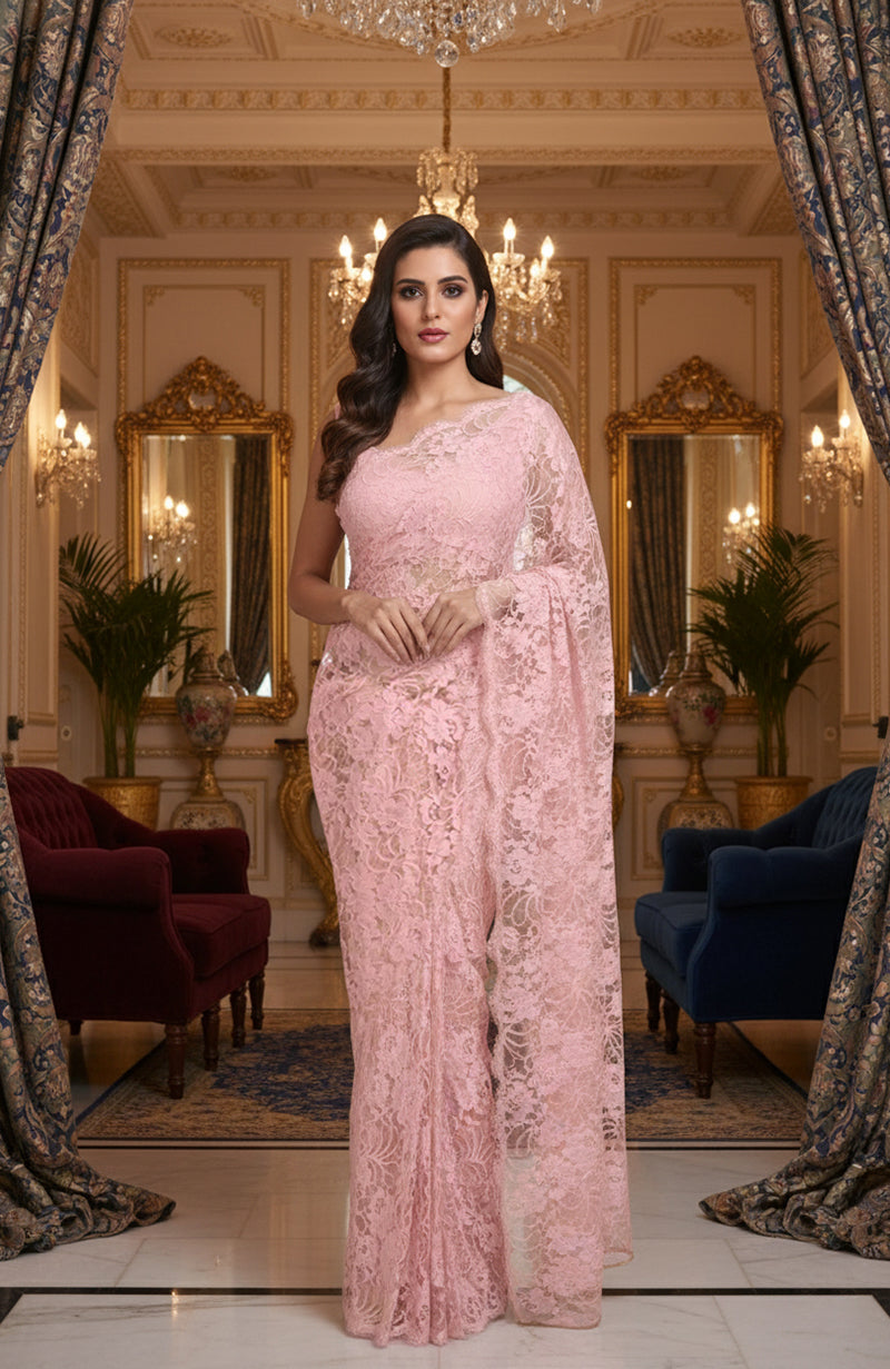 Ballet Slipper Pink French Chantilly Lace Saree Set