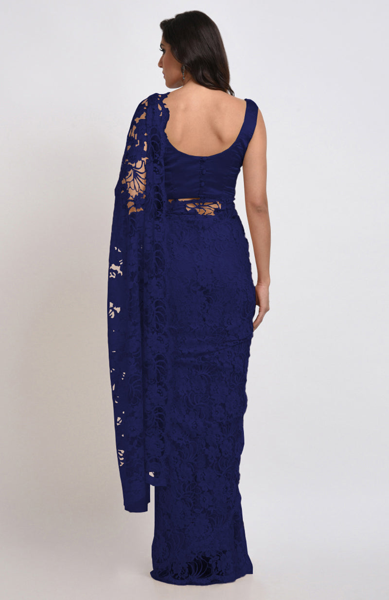 Eclipse Blue Chantilly Lace Saree Set, viewed from the back.