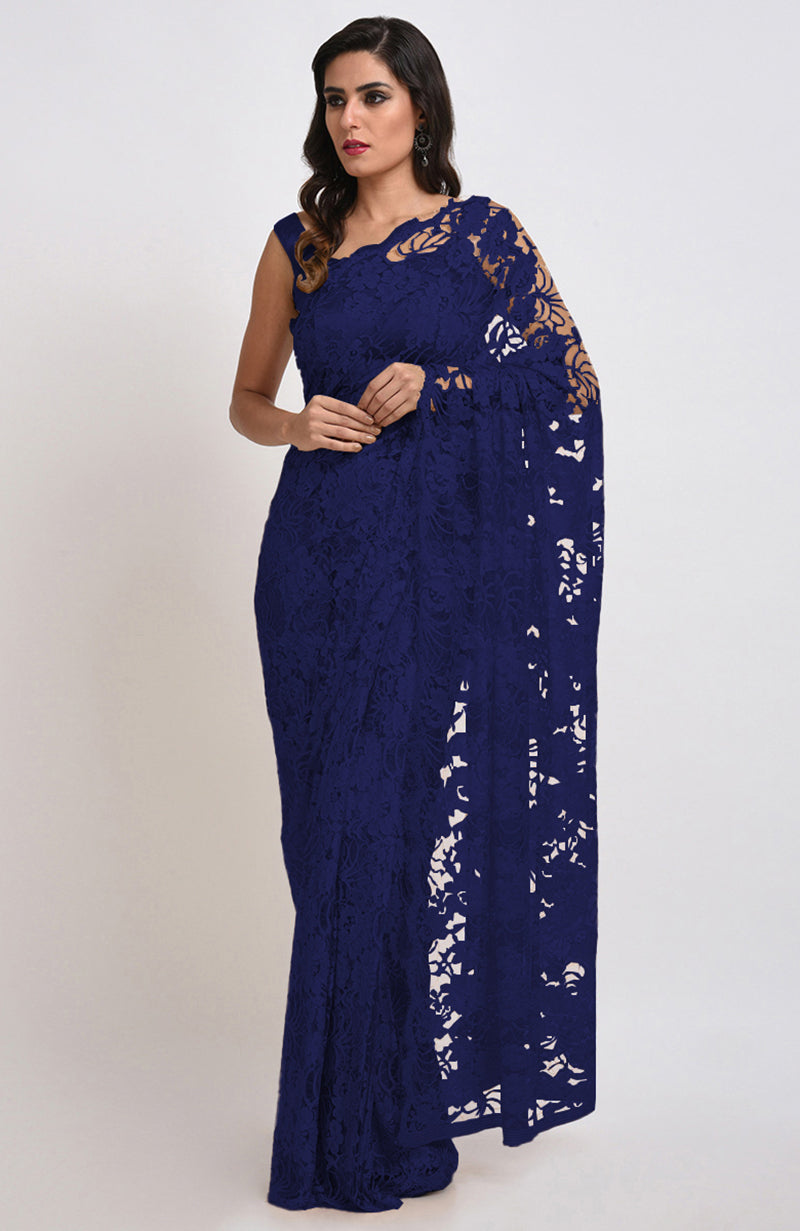 Eclipse Blue Chantilly Lace Saree Set.