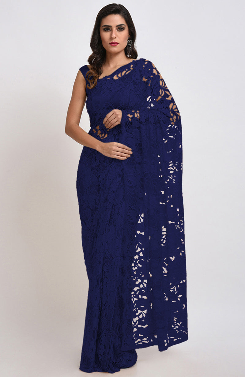 Eclipse Blue Chantilly Lace Saree Set.