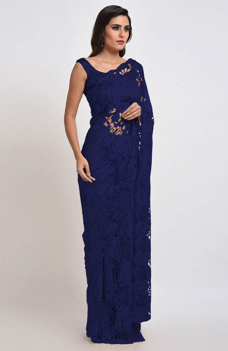 Eclipse Blue Chantilly Lace Saree Set on a model.