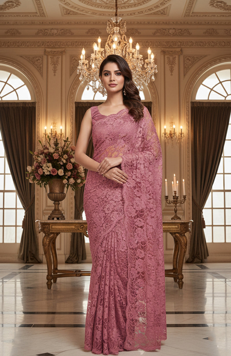 Mauve Chantilly Lace Saree Set