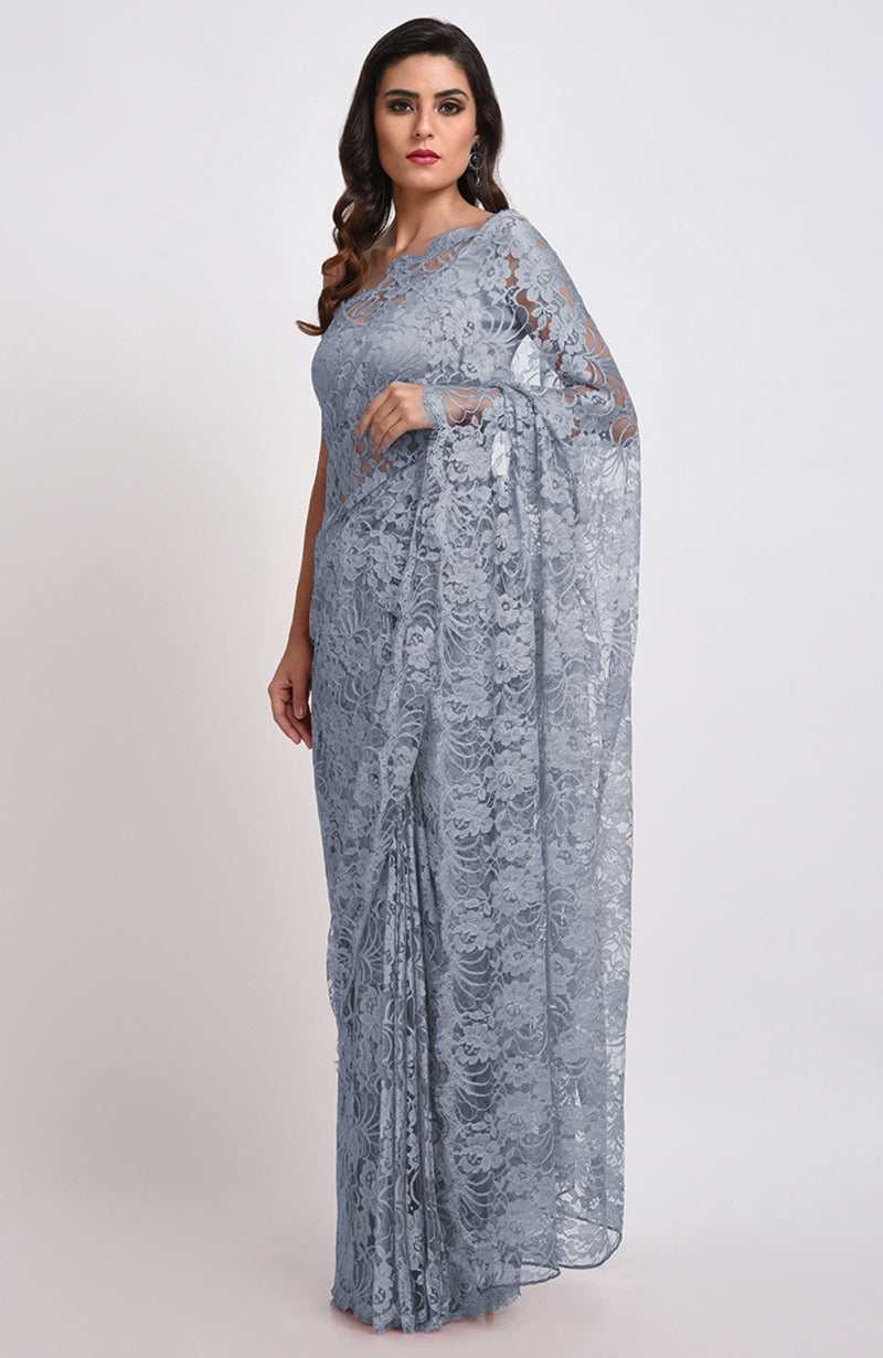 Blue gray Chantilly lace saree set with a matching satin blouse fabric.