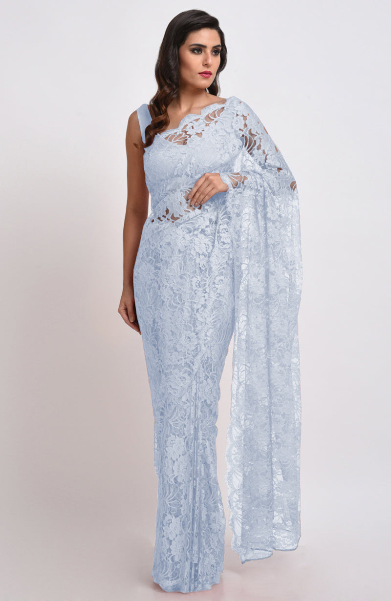 Illusion Blue French Chantilly Lace Saree Set.