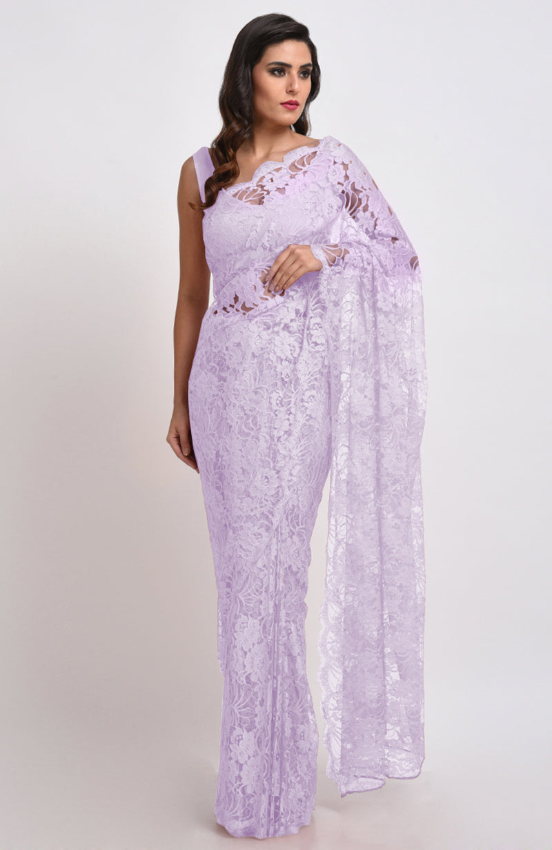 Lavender Chantilly lace saree with a matching blouse.