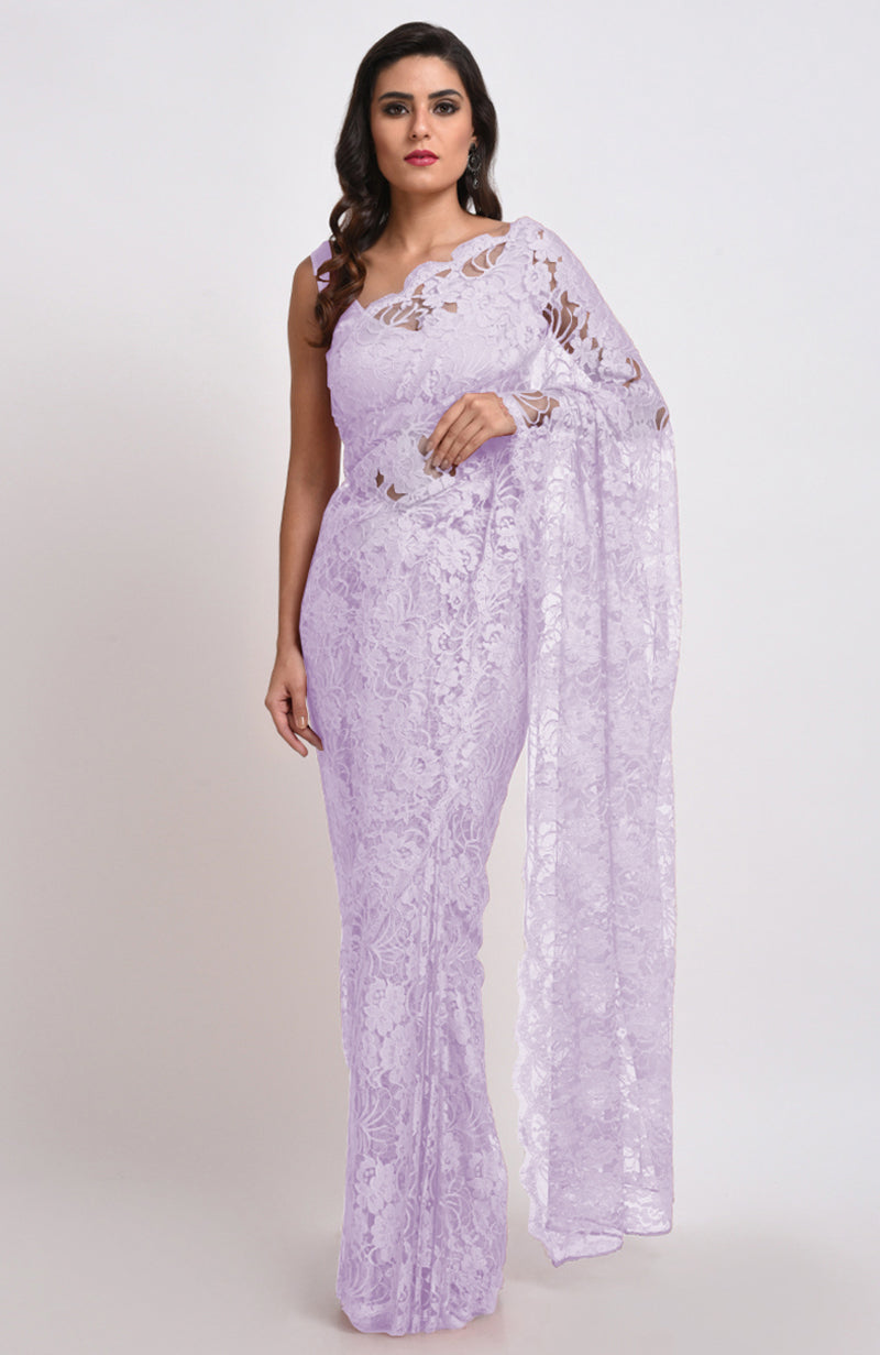 Lavender Chantilly lace saree with a matching blouse.