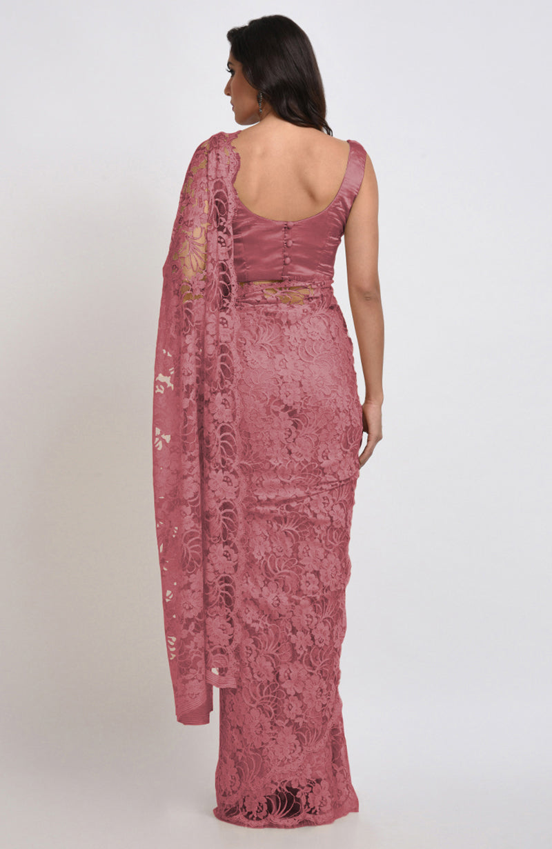 Mauve Chantilly lace saree set with a matching satin blouse.