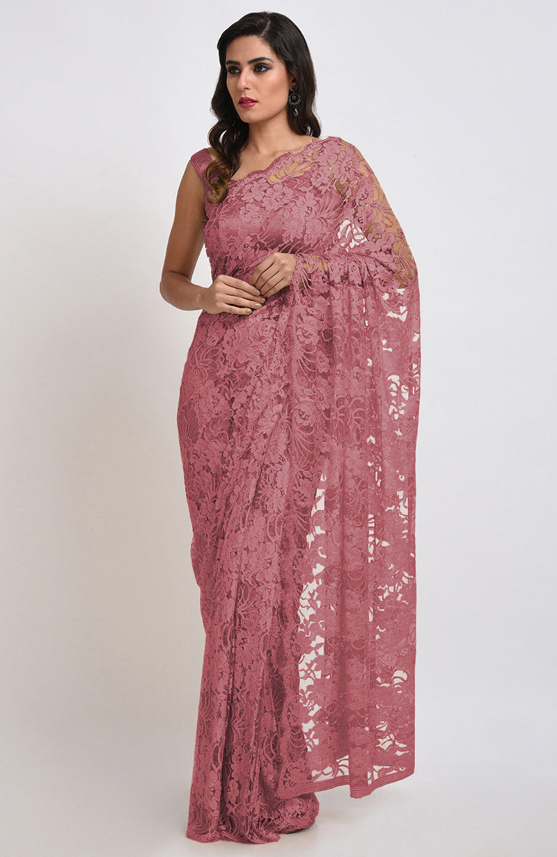 Mauve Chantilly lace saree with a matching blouse.