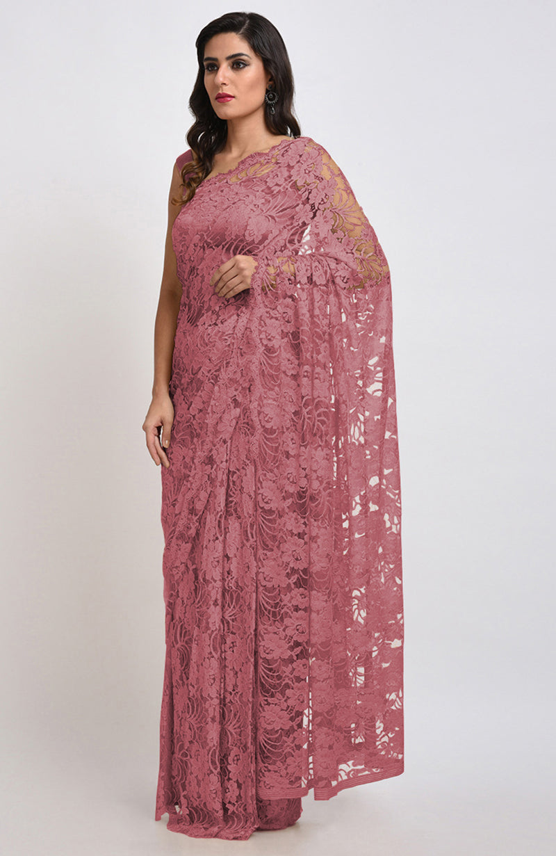 Mauve Chantilly lace saree set with a matching satin blouse fabric.