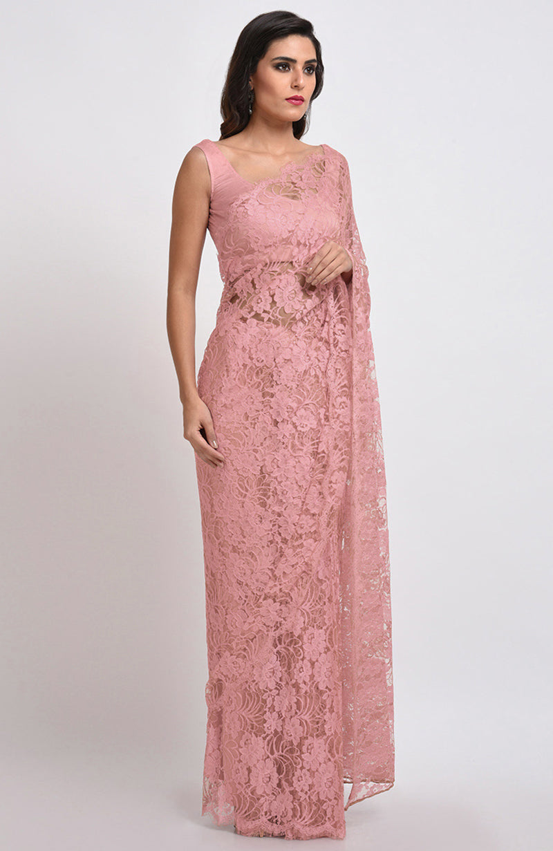An Old Rose French Chantilly Lace Saree Set is modeled against a white background.