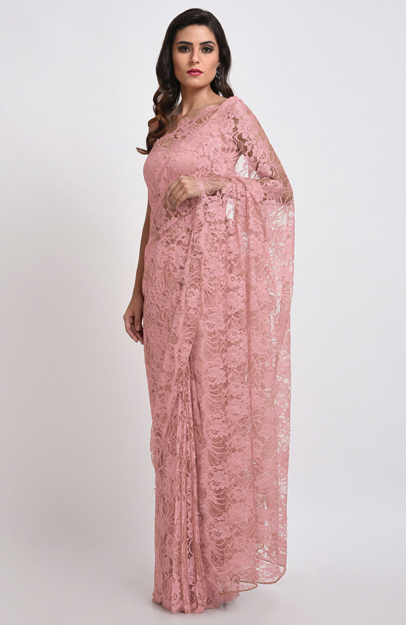 An Old Rose French Chantilly Lace Saree Set is modeled against a white background.