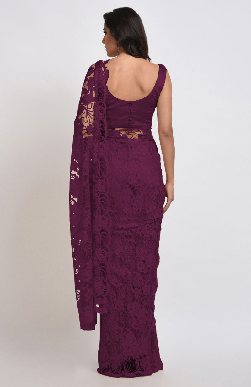 Wine Chantilly lace saree with a matching satin blouse, viewed from the back.