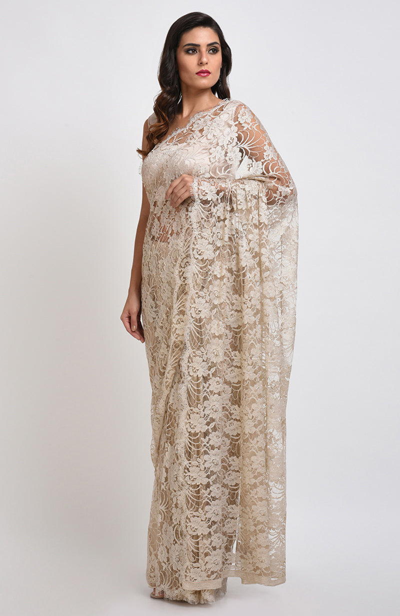 White Swan saree set with intricate white French Chantilly lace and plain satin blouse fabric