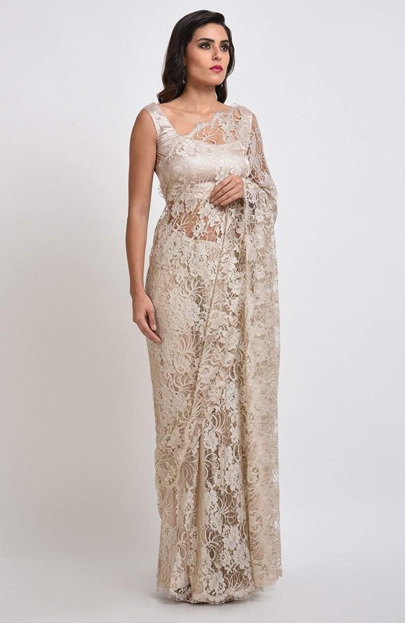 White Swan saree set featuring white French Chantilly lace and plain satin blouse fabric.