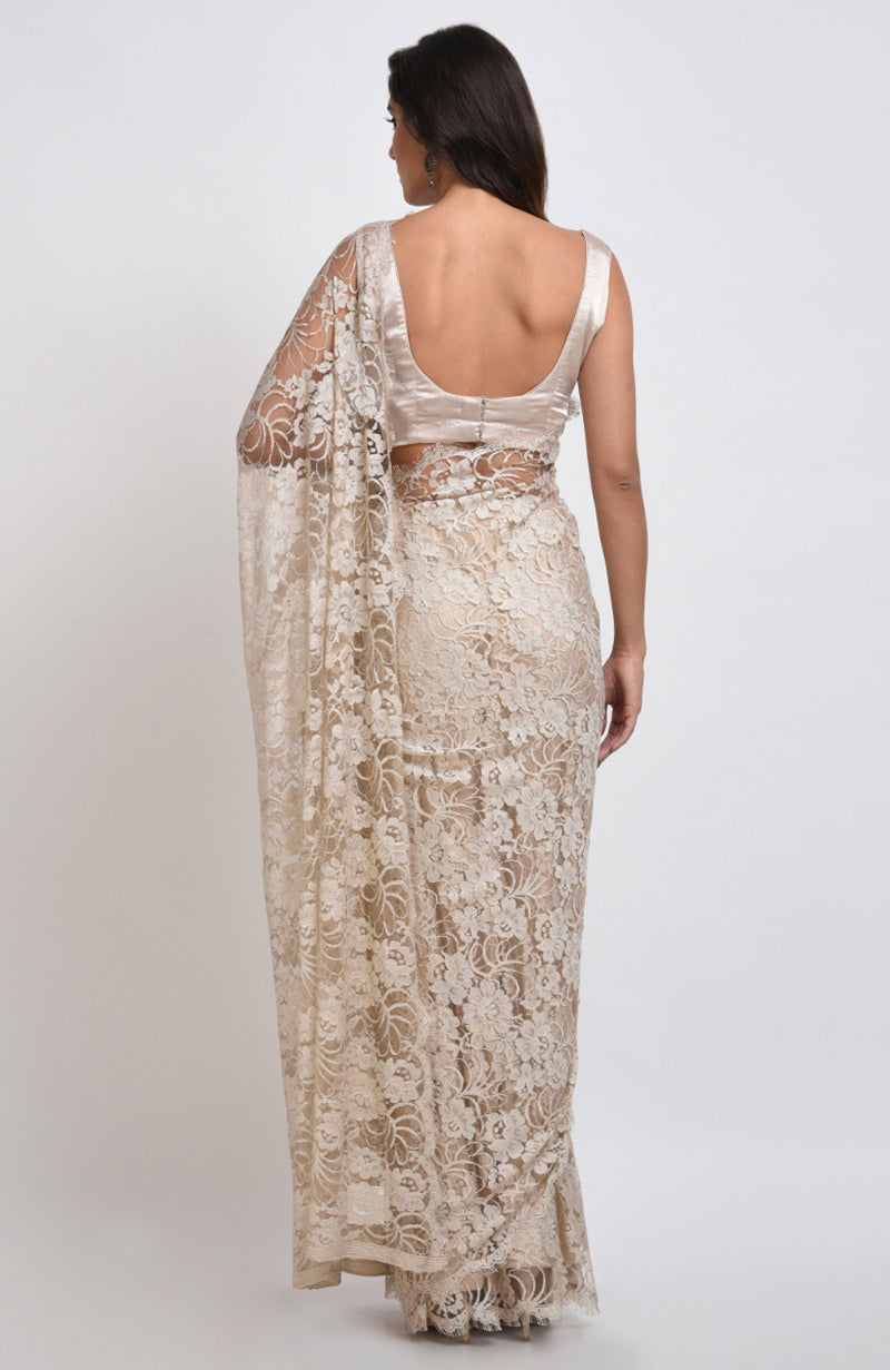 White Swan saree set with white French Chantilly lace and plain satin blouse fabric.