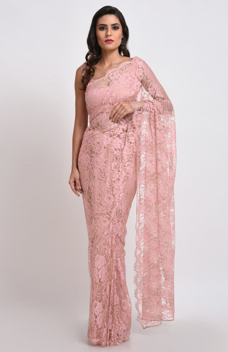 Ballet Slipper Pink French Chantilly Lace Saree Set on a model.