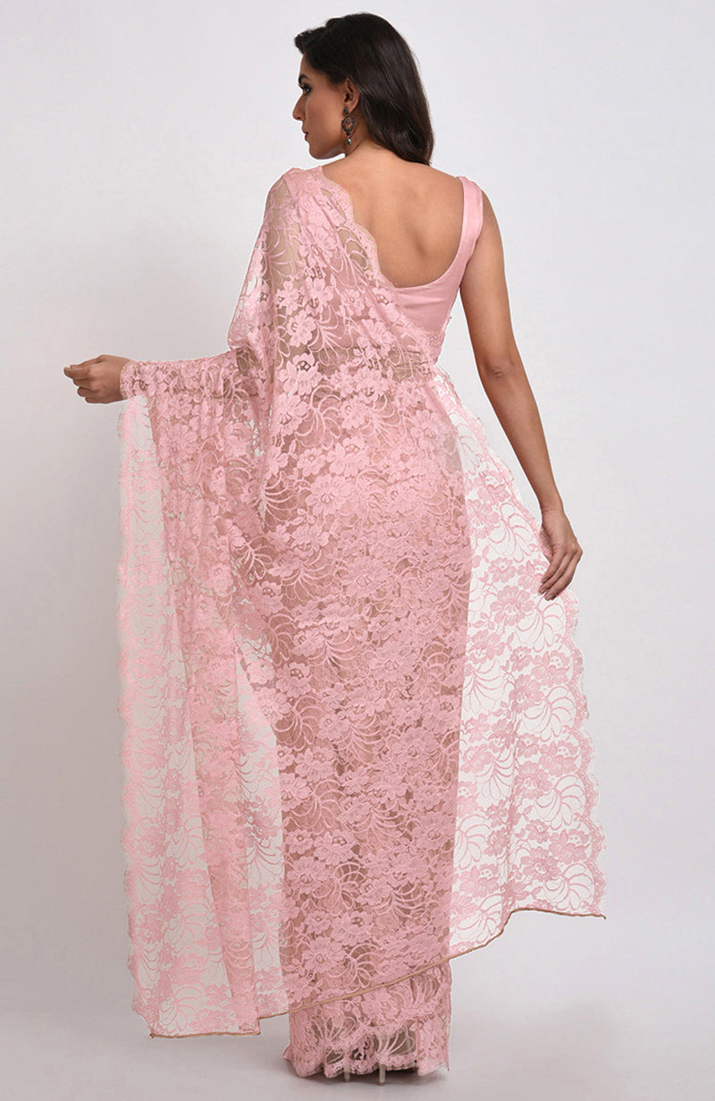 Ballet Slipper Pink French Chantilly Lace Saree Set, worn by a woman from behind.