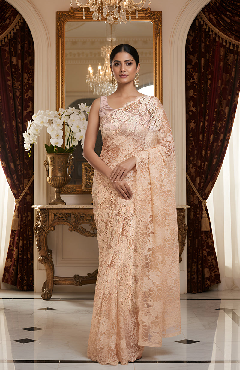 Nude French Chantilly Lace Saree Set