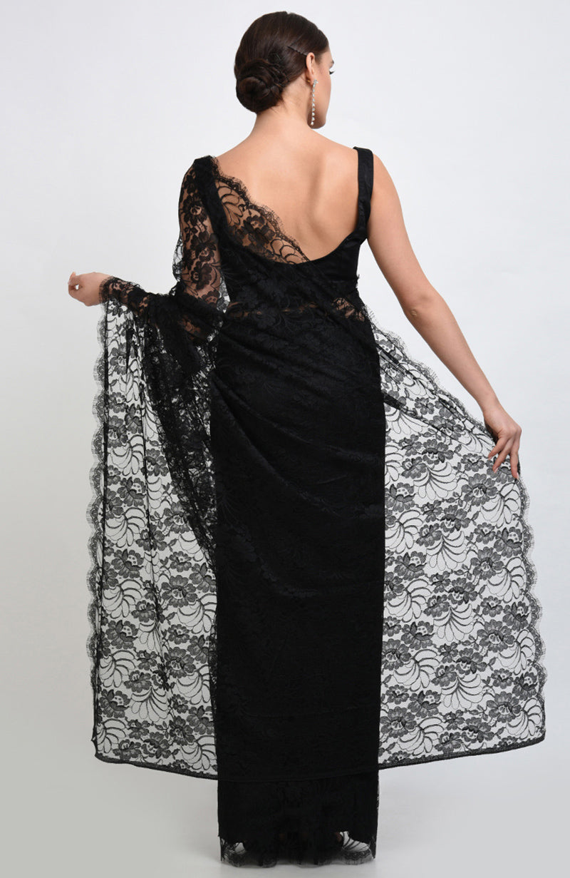 Black saree with intricate French Chantilly lace and matching satin blouse fabric.
