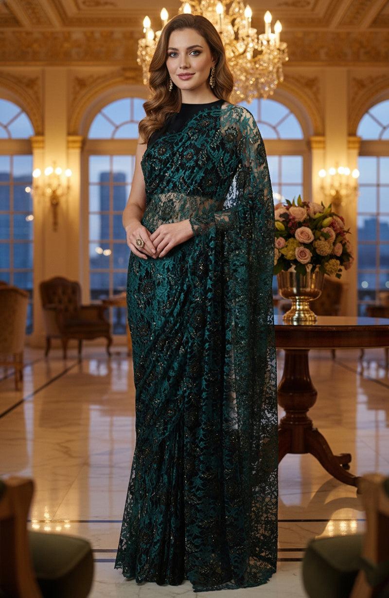 Peacock Green-Black Bead Work French Chantilly Lace Saree Set