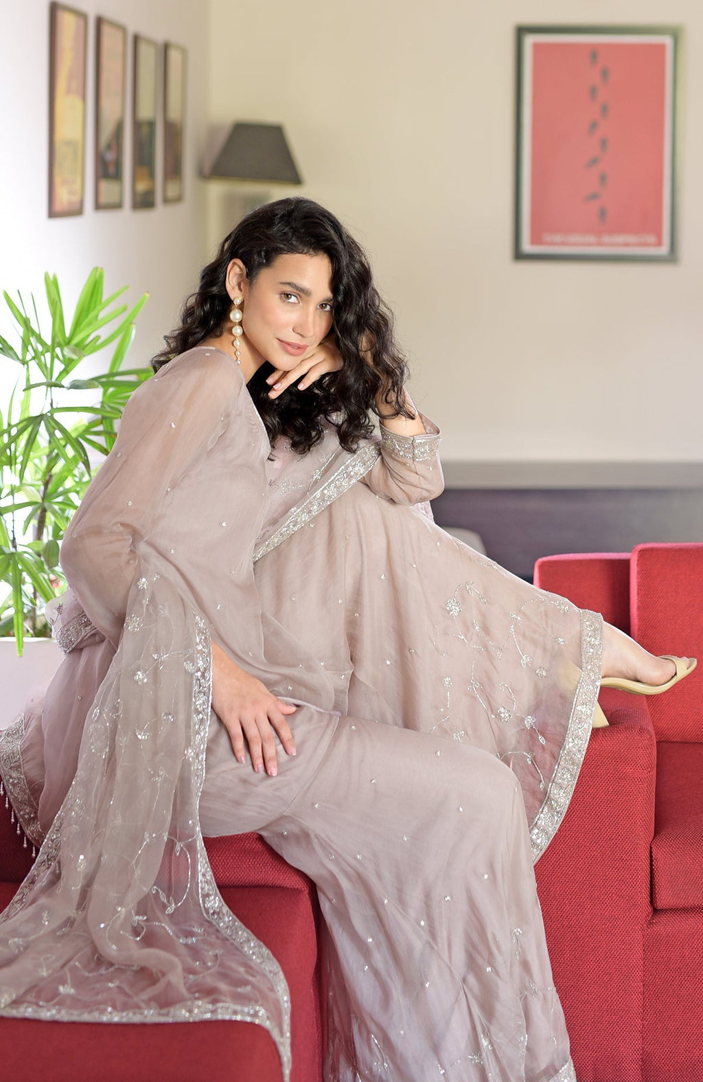 Oyster pink silk organza sharara set with hand-embroidered bead zardozi and tassels