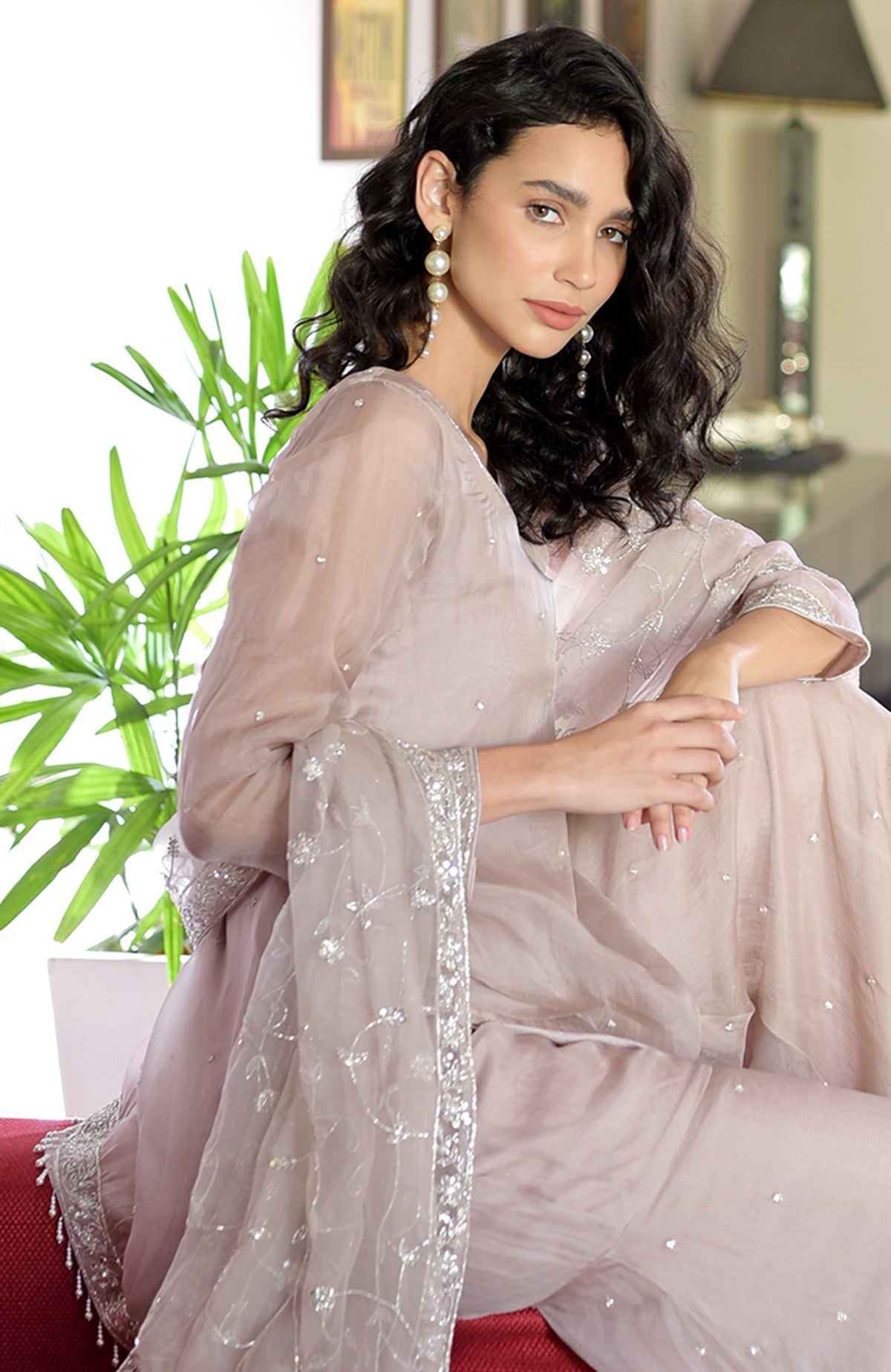 Oyster pink silk organza sharara set with hand-embroidered bead zardozi and tassels