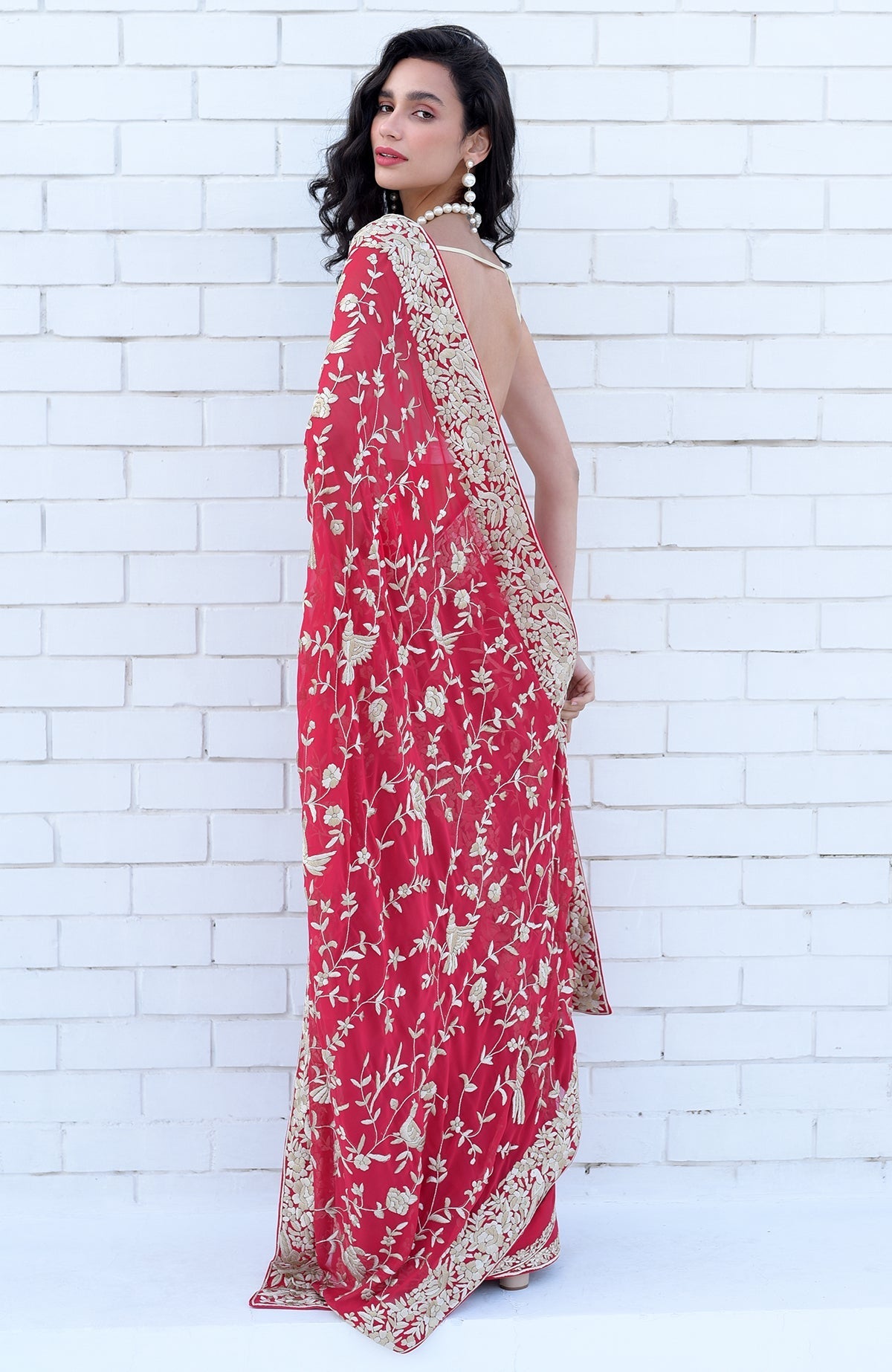 Apple red saree with hand-embroidered Parsi Gara floral and bird designs in beige and brown.