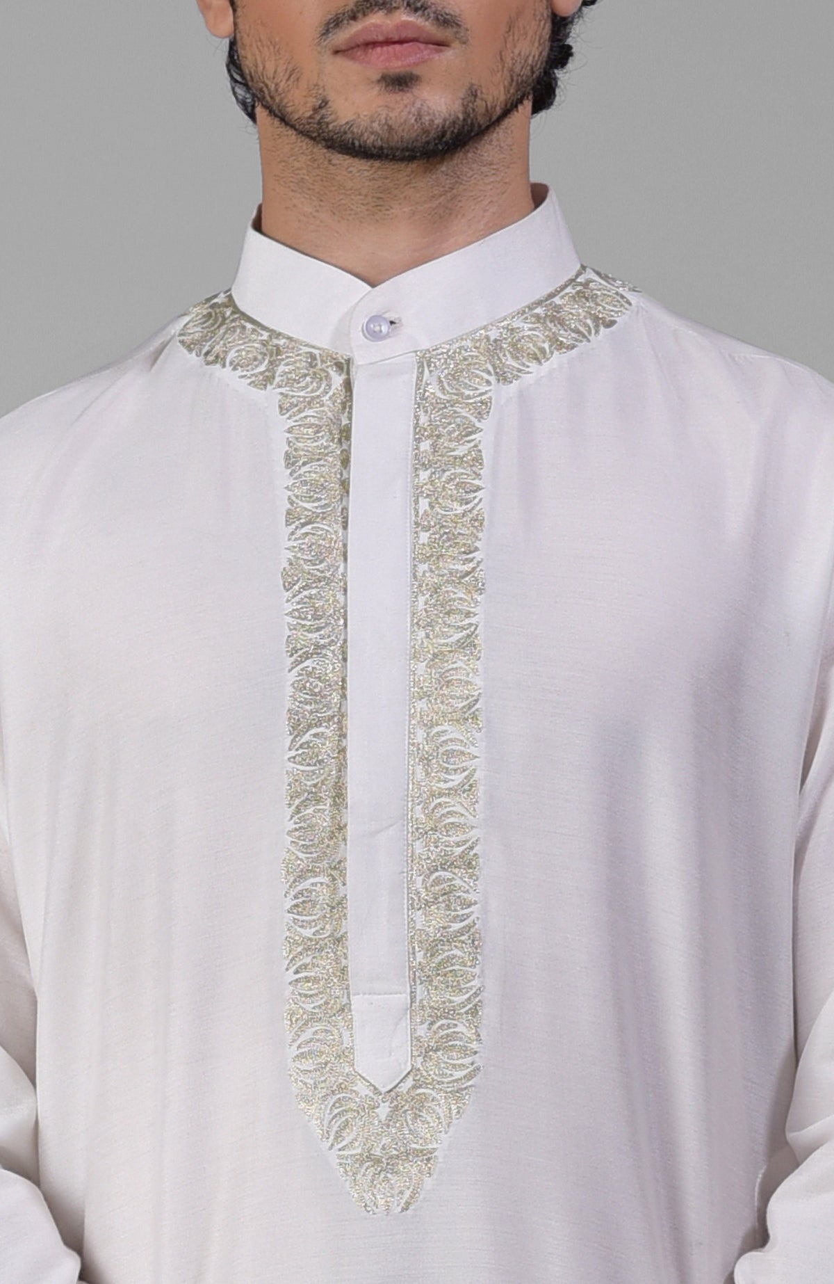 Ivory kurta set with Kashmiri silver zari tilla embroidery on placket and sleeves.