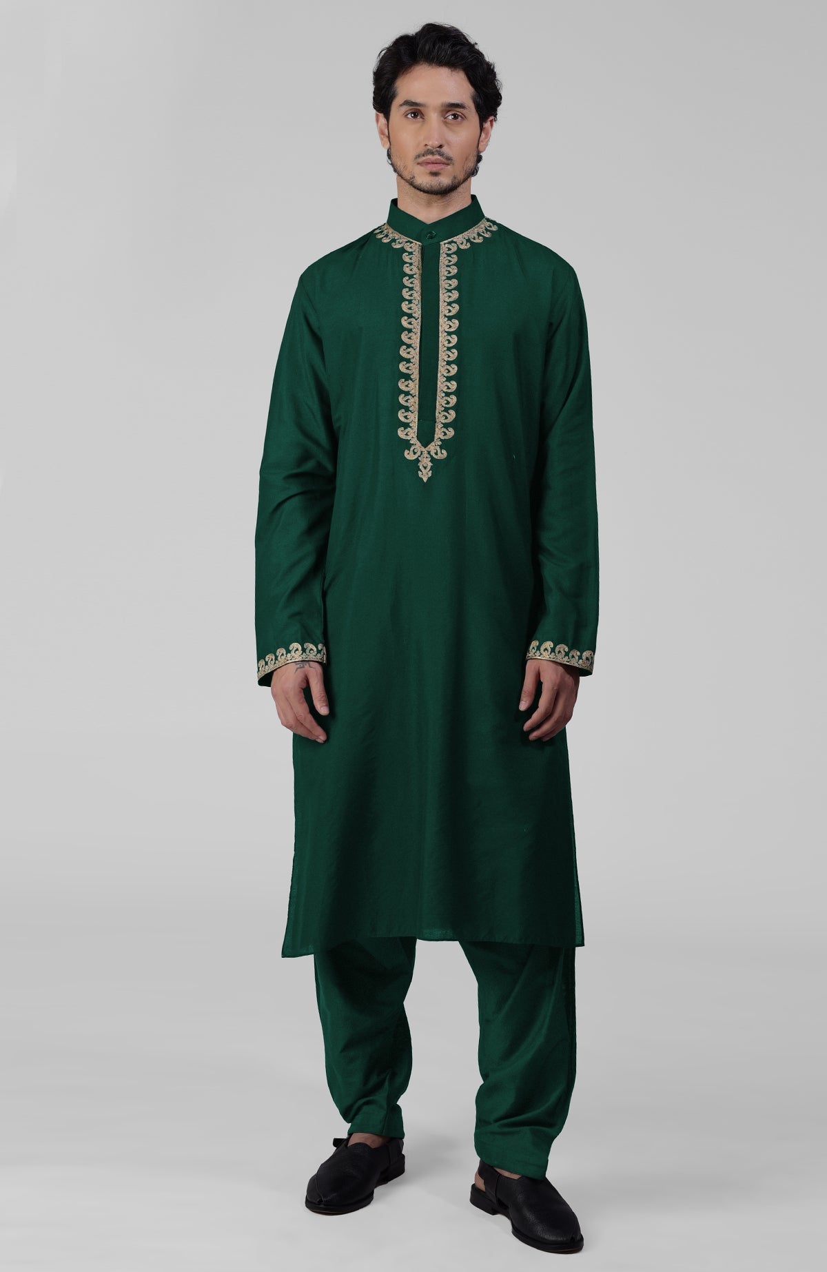 Maroon silk kurta set with intricate gold Kashmiri tilla embroidery and matching pathani salwar.