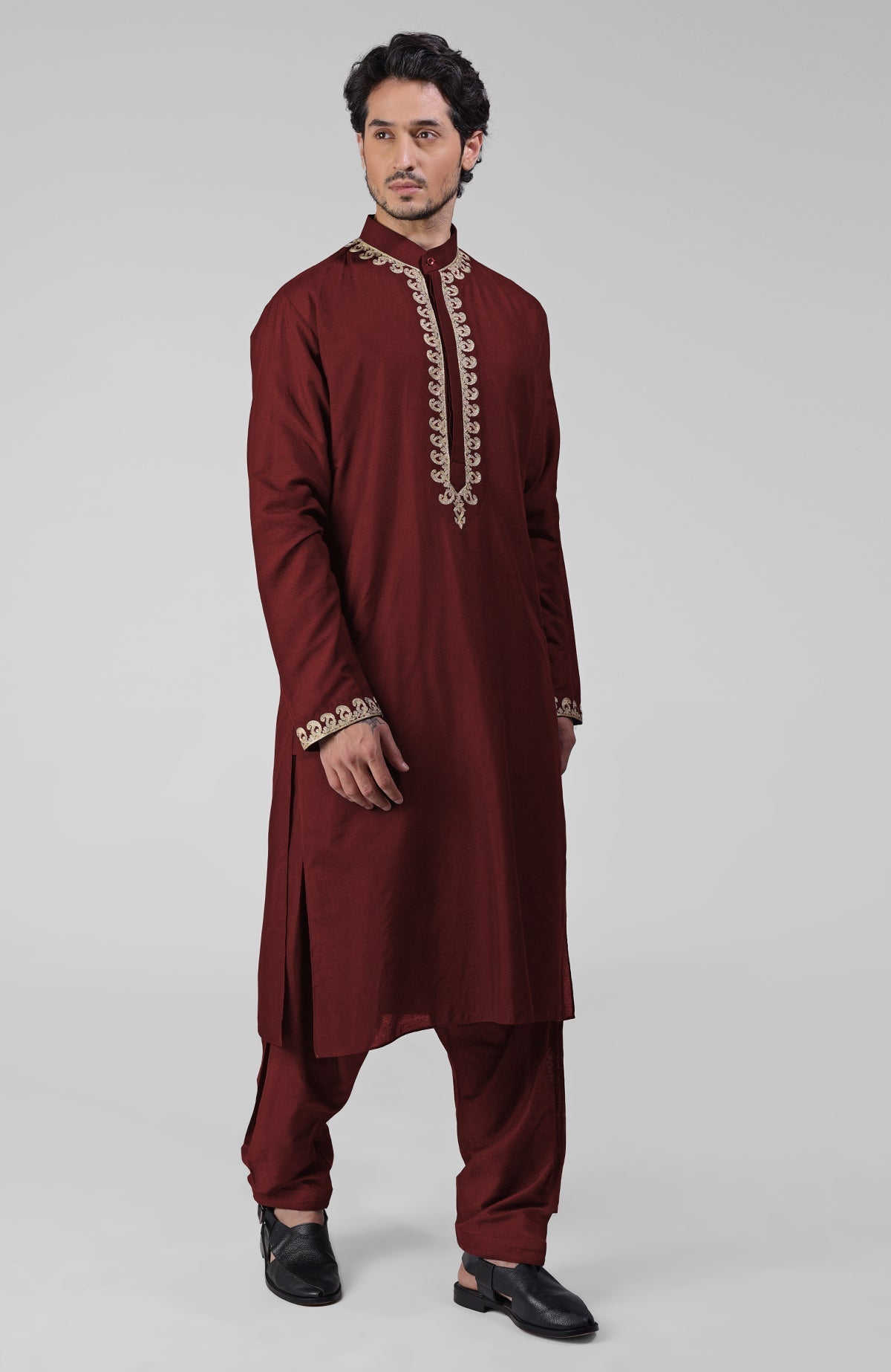 Maroon silk kurta set with intricate Kashmiri tilla hand embroidery and matching pathani salwar