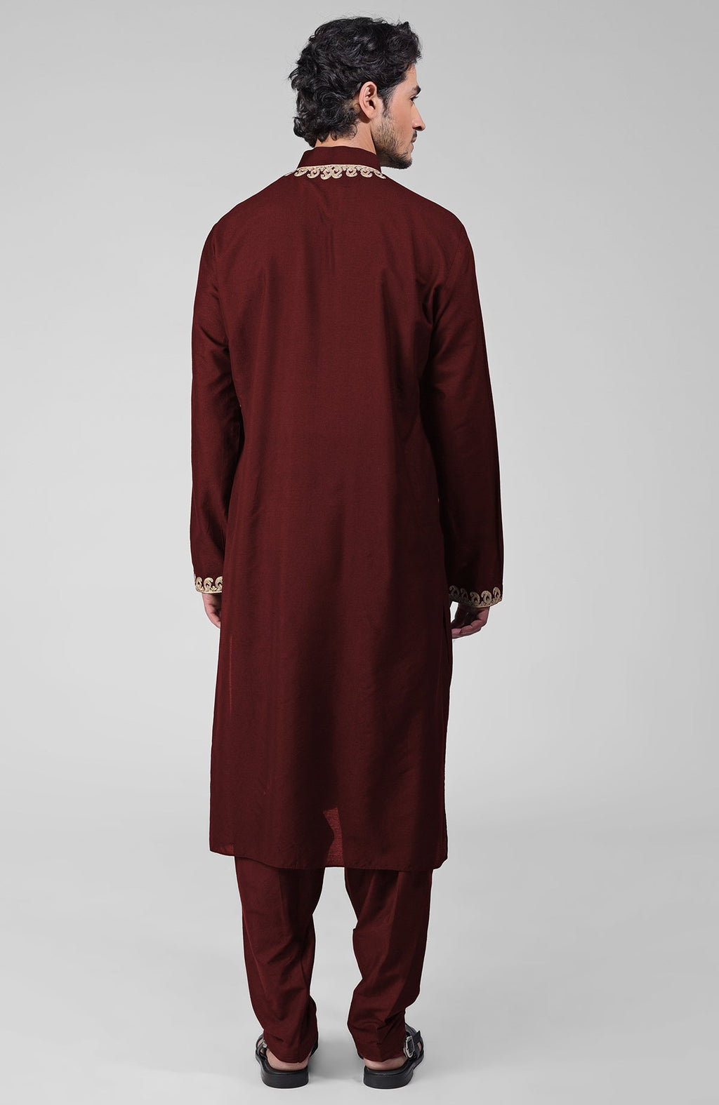 Maroon silk kurta set with intricate gold Kashmiri tilla embroidery and matching pathani salwar.