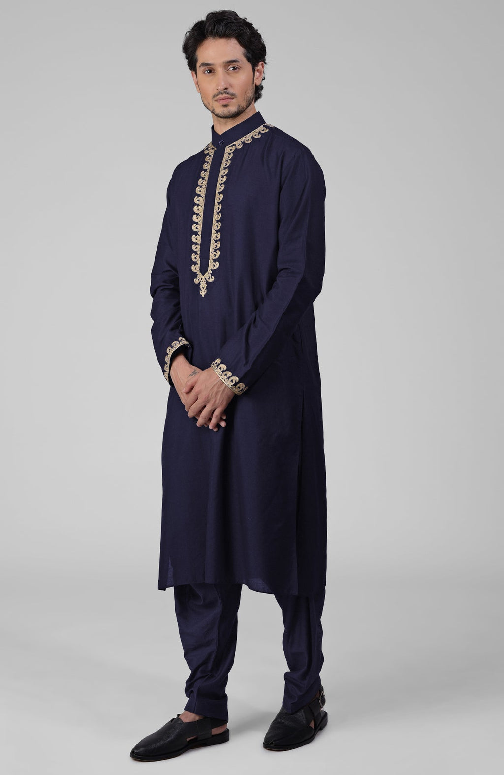 Navy blue silk kurta with gold Kashmiri tilla embroidery and matching pathani salwar set