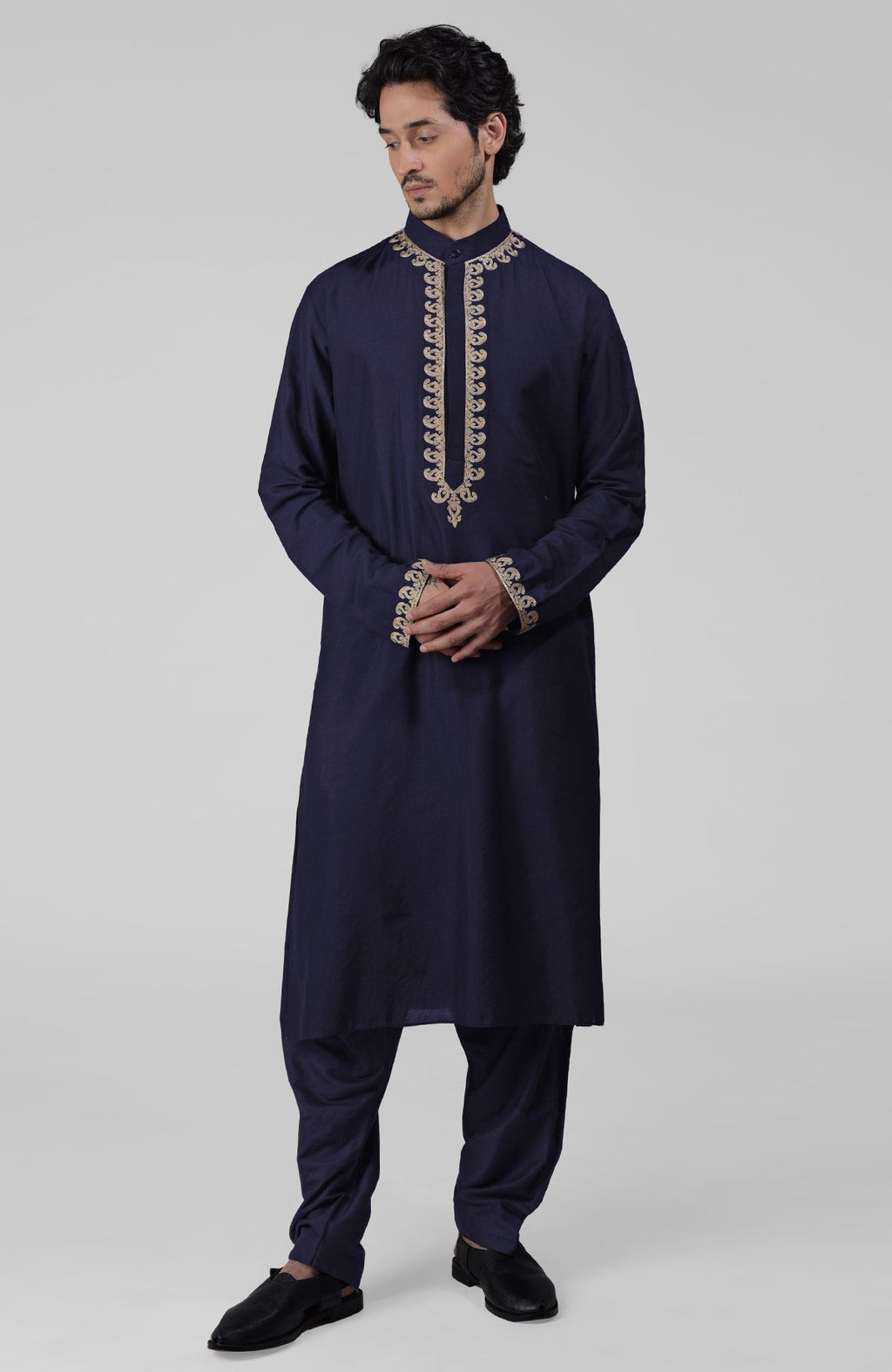 Navy blue silk kurta with gold Kashmiri tilla embroidery and matching pathani salwar set