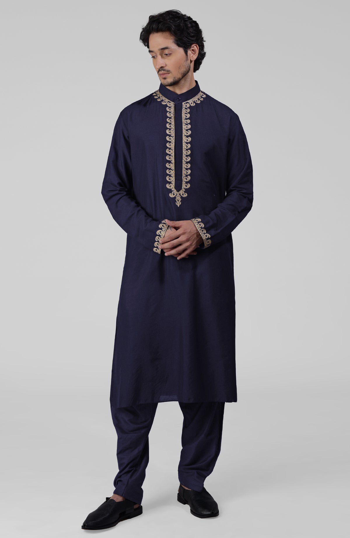 Navy blue silk kurta with gold Kashmiri tilla embroidery and matching pathani salwar set