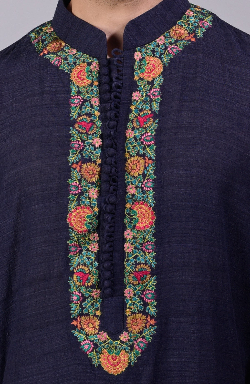 Eclipse blue kurta with Kashidakari embroidery on placket, neckline, and sleeves.