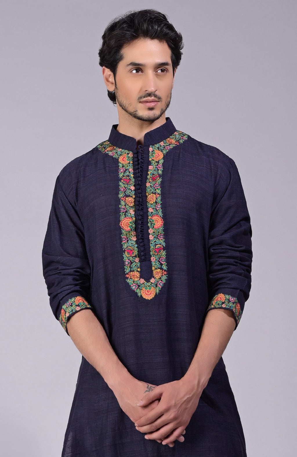 Eclipse blue kurta with detailed Kashidakari embroidery on placket, neckline, and sleeves