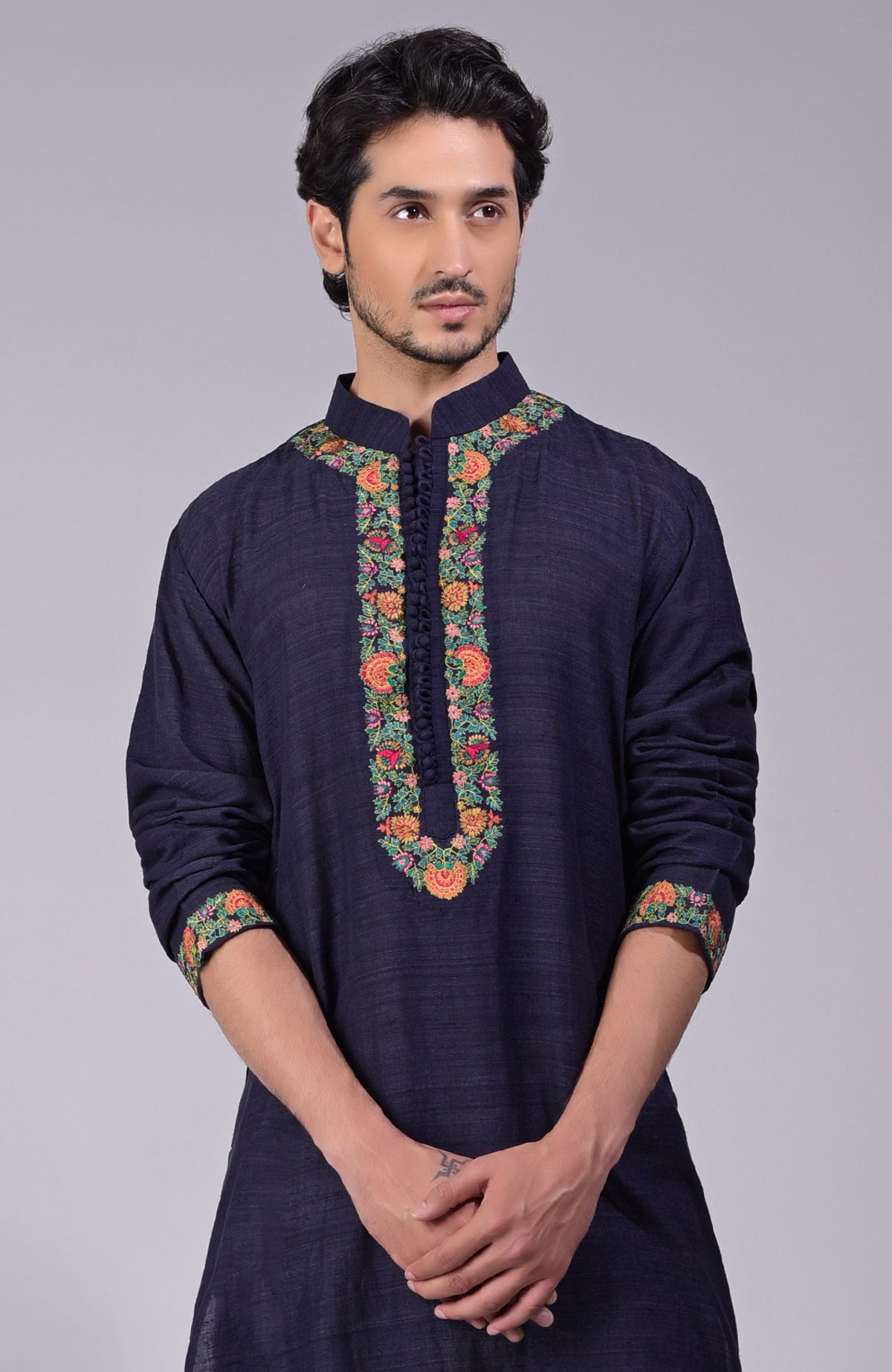 Eclipse blue kurta with detailed Kashidakari embroidery on placket, neckline, and sleeves