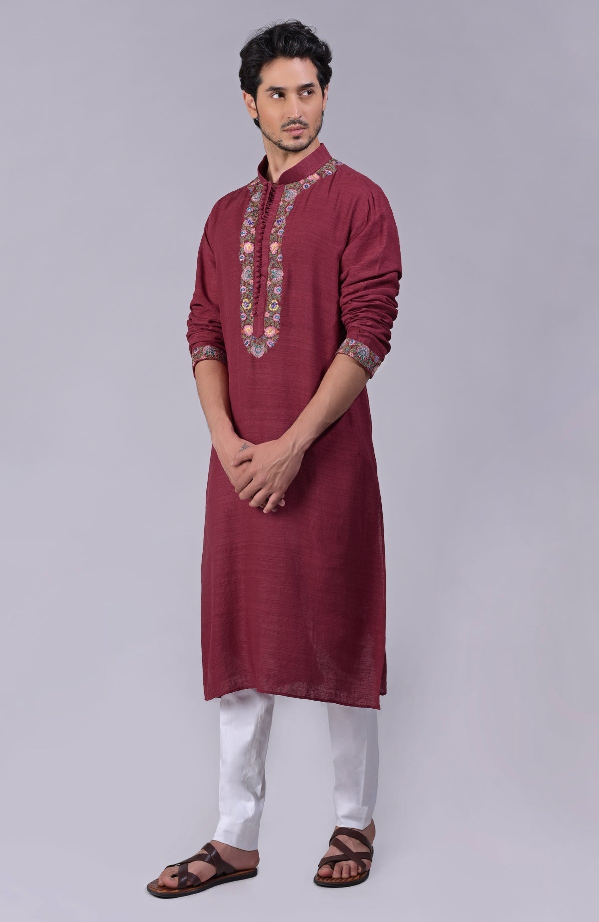 Eclipse blue kurta with Kashidakari embroidery on placket, neckline, and sleeves.