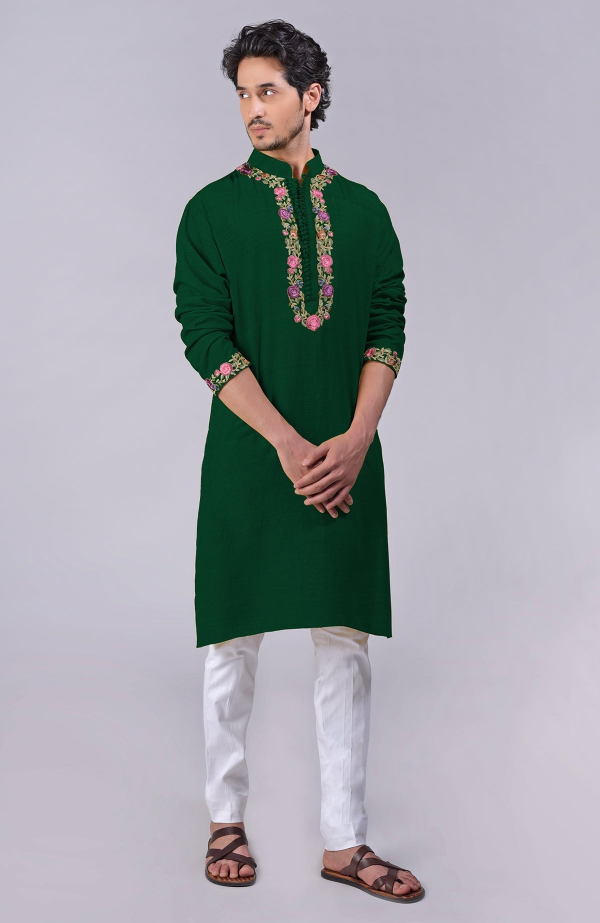 Misted marigold yellow kurta with Parsi Gara embroidery on placket, neckline, and sleeves.