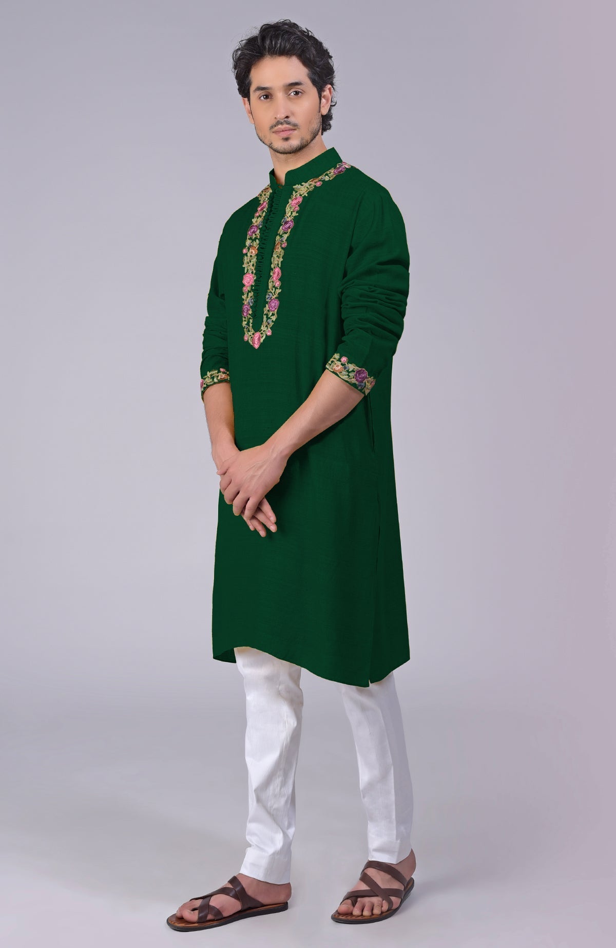 Bottle green kurta with multicolor Parsi Gara embroidery on placket, neckline, and sleeves
