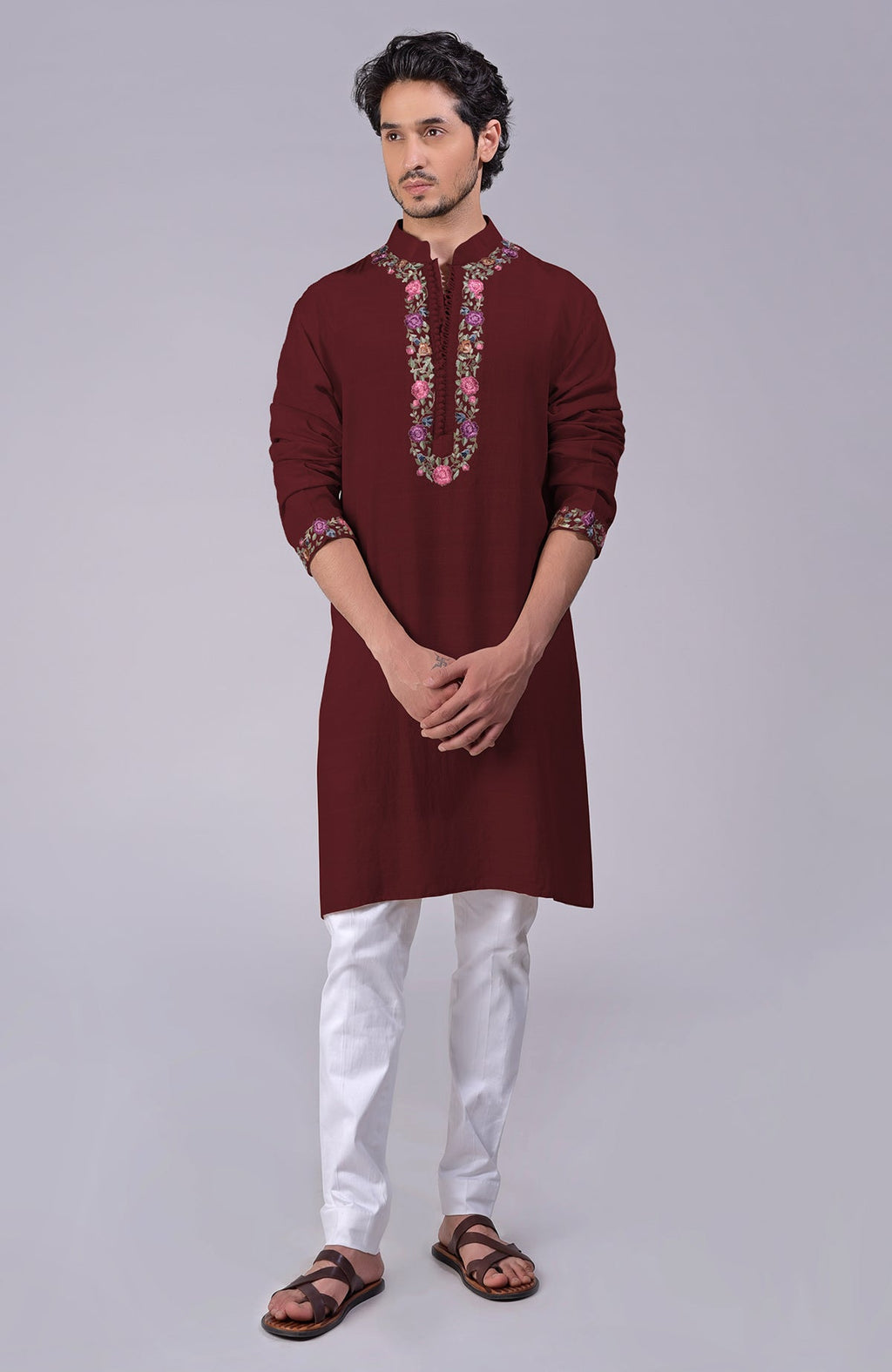 Maroon kurta with Parsi Gara embroidery on placket, neckline, and sleeves, with loop buttons