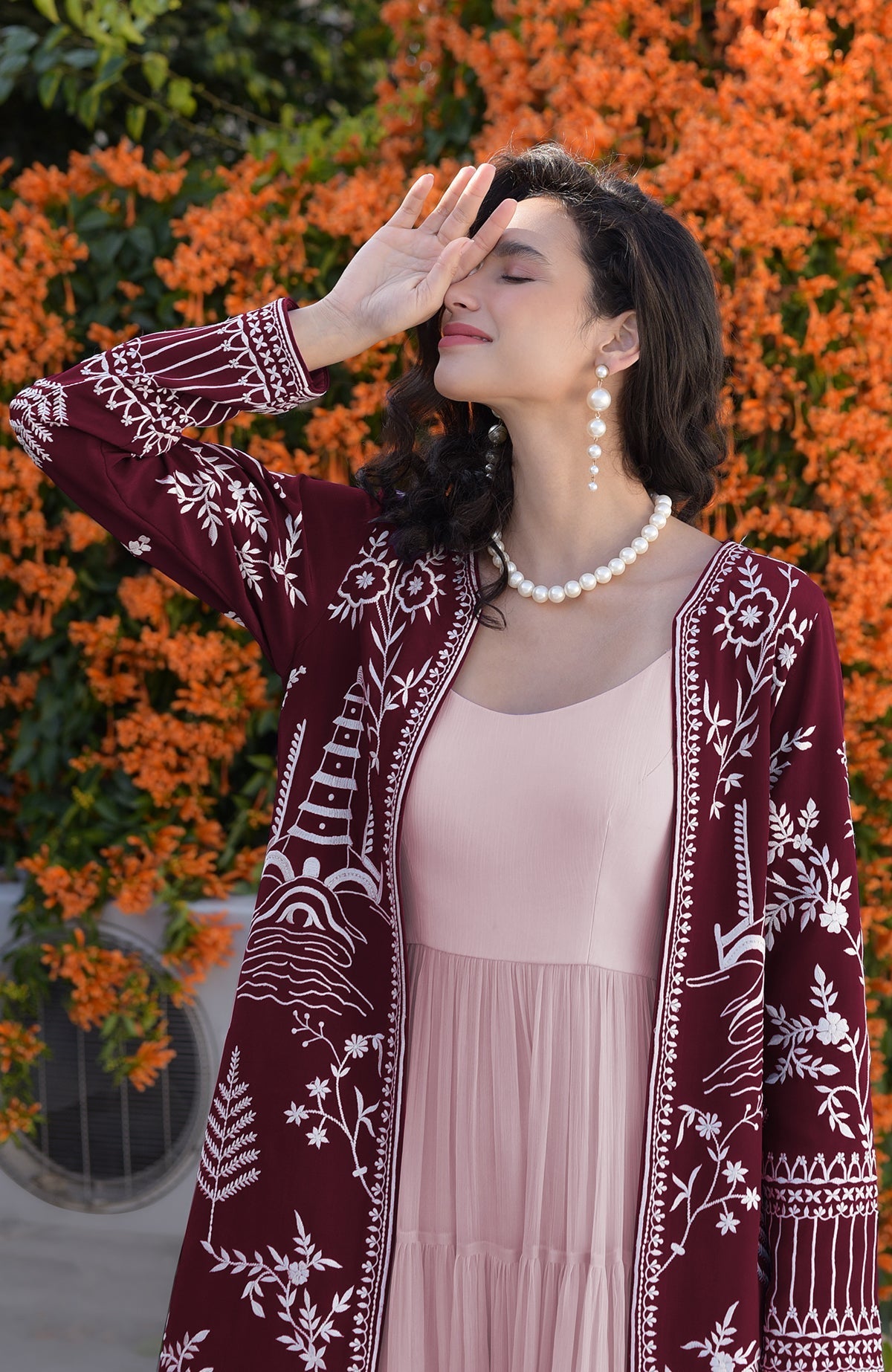 Maroon jacket with ivory Parsi Gara embroidery and detailed borders on hems and sleeves