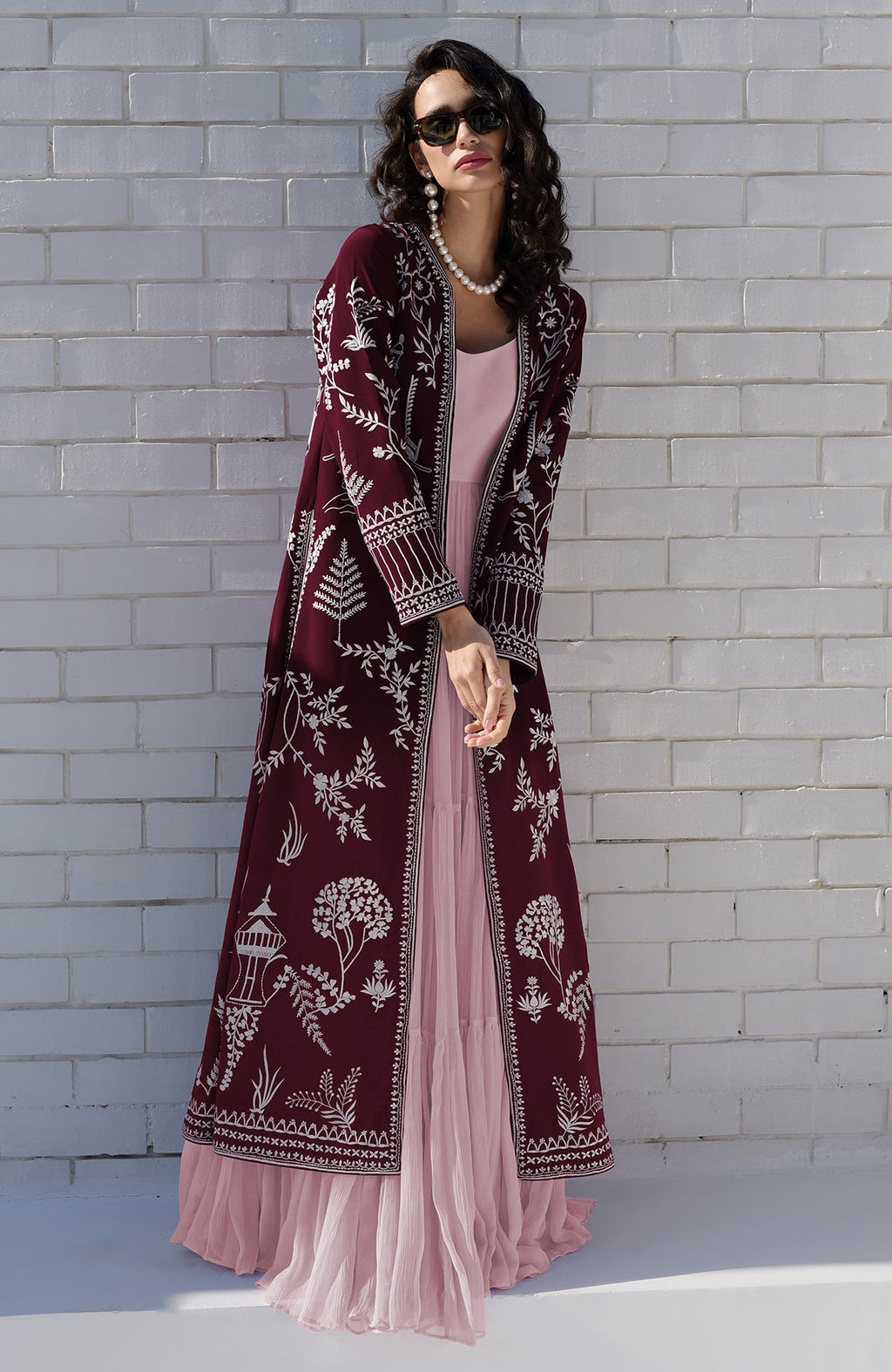Maroon Parsi Gara jacket with ivory embroidered motifs and intricate borders on hems and sleeves